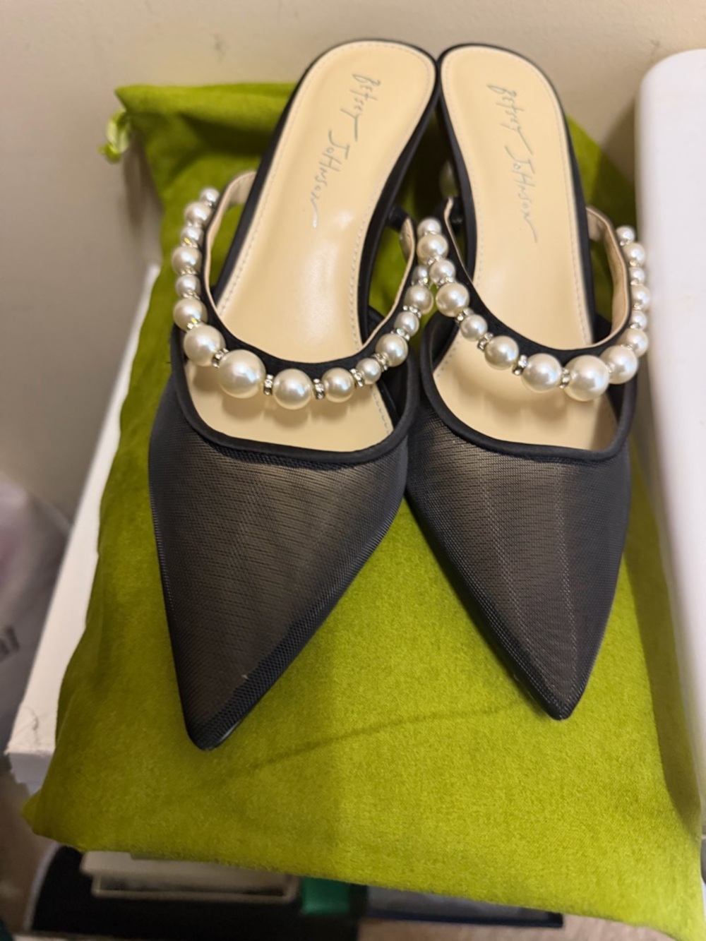 Betsey Johnson Black Pointed Mesh Mules with Pearl Strap - Picture 7 of 7